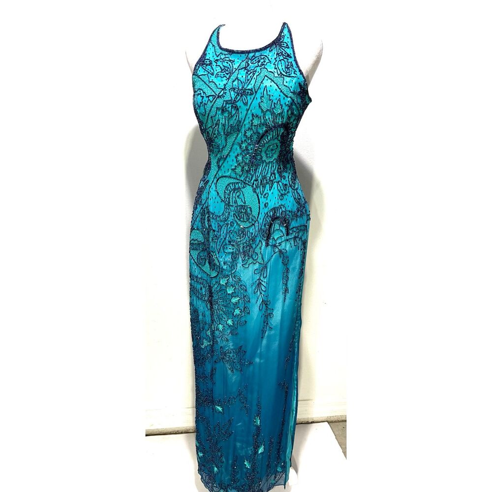Adrianna Papell maxi formal dress rare heavily beaded evening blue prom women 6